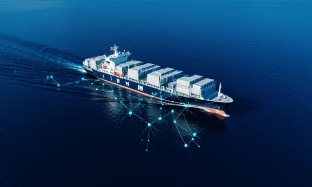 AI technology overlay on a cargo ship at sea