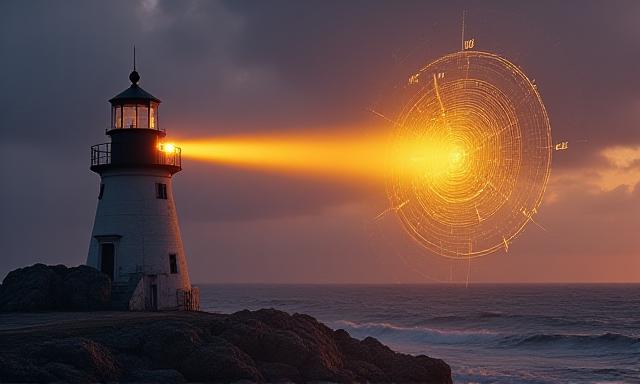 Night view of a lighthouse with digital safety analytics pulses