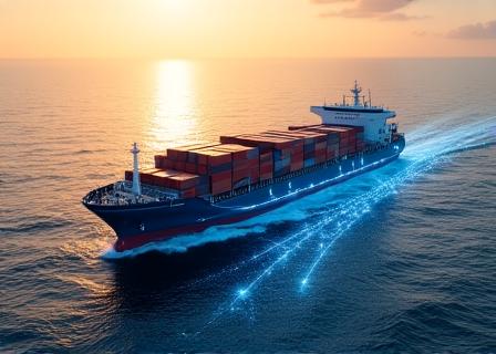 Data visualization overlay on a cargo ship navigating the ocean