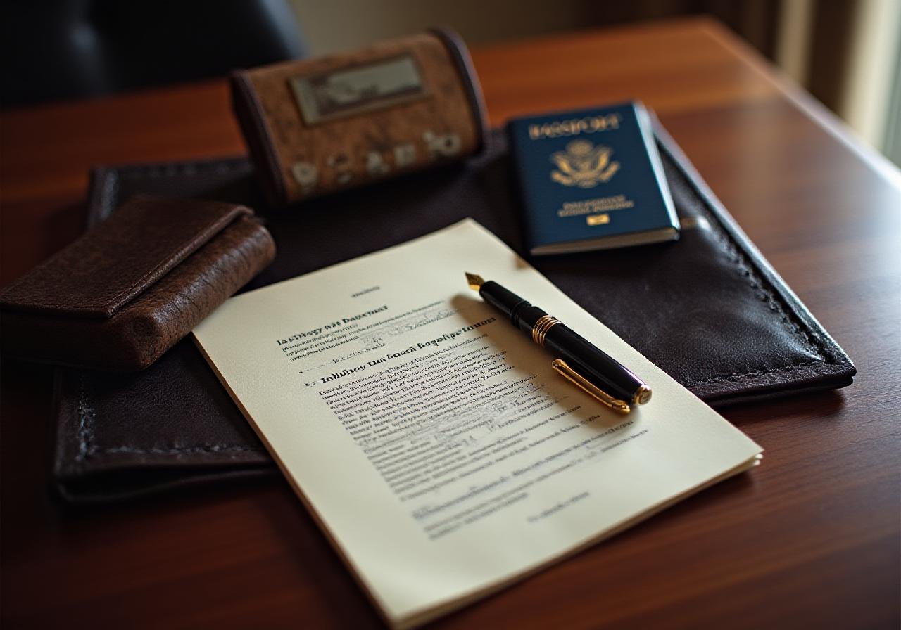 Refined travel documents on a dark wooden desk