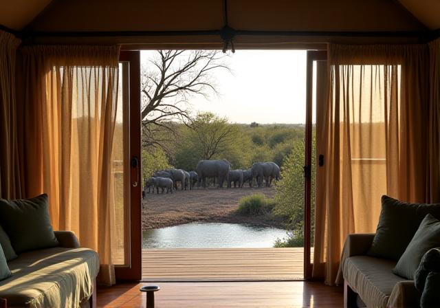 Lush private safari lodge overlooking a watering hole